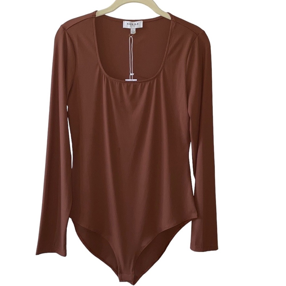 Gilli Brown Ribbed Square Neck Bodysuit, NWT, Size Large